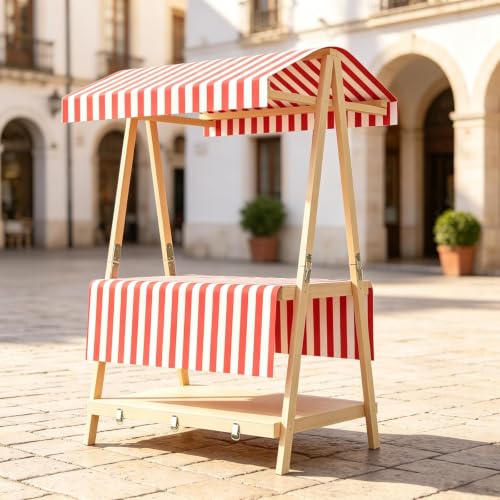 CHBMZ Foldable Wooden Market Display Booth, Portable Two Level Vendor Stand with Canopy, Compact Suitcase Design for Craft Fairs, Farmers Markets, Festivals & Pop Up Events(Red,136cm/53.5in)