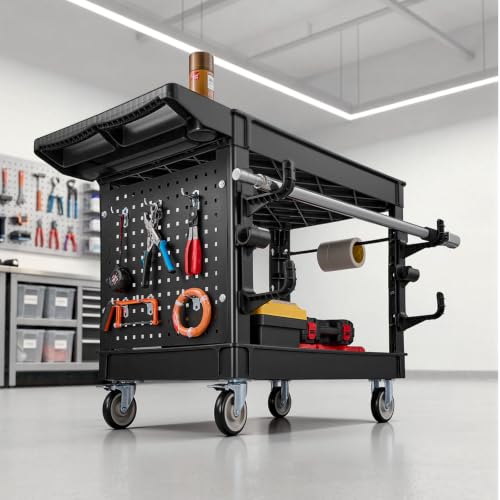 VEVOR Utility Cart with Tray & Pegboard, 44.8 x 24in 2 Tier Service Cart with 360° Swivel & Fixed Wheels (2 Brakes), 550 LBS Work Cart Tub Storage W/Deep Shelves, Tool Storage for Garage Warehouse