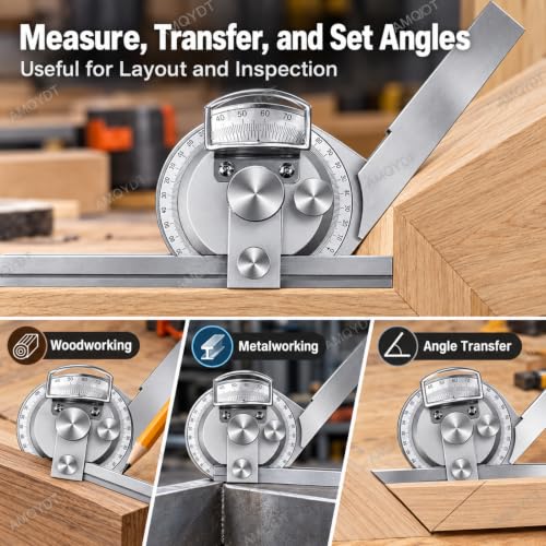 Universal Bevel Protractor, Universal Bevel Protractor with 5 Arc-Minute Scale, Magnifying Lens, Fine Adjustment and 150/200/300mm Rulers for Internal External Angle Measurement