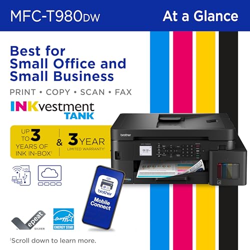 Brother INKvestment Tank 980 Wireless and Ethernet Color Inkjet All-in-One Printer with Multipurpose Tray | Includes up to 3 Years of Ink in-Box(1) and Limited Warranty(2) (MFC-T980DW)