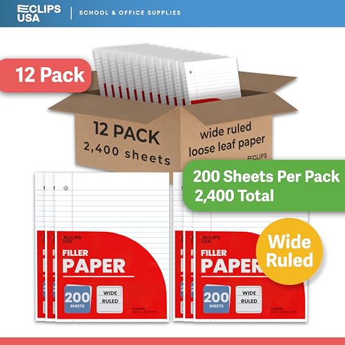Wide Ruled Loose Leaf Paper Wide Ruled Notebook Paper Lined Writing Filler Paper 10.5” x 8” 56 gsm 2400 Sheets 200 Sheet Per Pack (12 Pack)