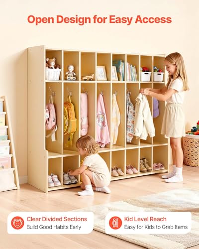 VEVOR 8-Section Coat Locker with Bench, Kids Lockers with 16 Hooks & Non-Slip Mat, Classroom Cubbies for Daycare, Home, Kindergarten- Natural