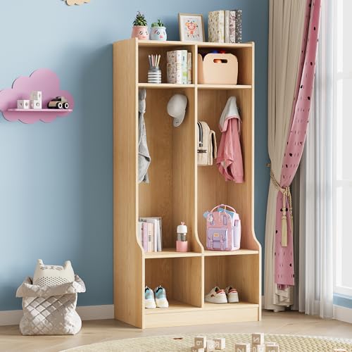 IDEALHOUSE 2-Section Classroom Coat Locker with 4 Cubbies, Daycare Cubby Storage Organizer with 4 Hooks for Home, School, Nursery, Kindergarten, Natural