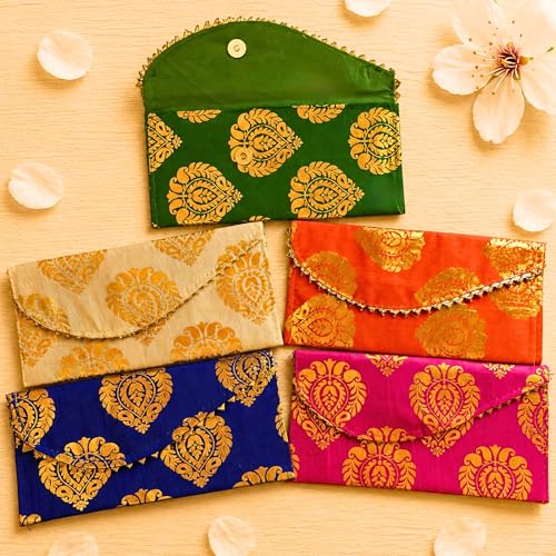 LoveNspire Brocade Fabric Money Envelopes (8 x 4 Inch) Decorative Floral Pattern Shagun Lifafa for Indian Wedding, Birthday | Cash Gift Holder & Home Savings Organizer Blue/Pack of 20