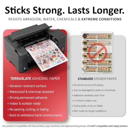 TerraSlate Waterproof Sticker Paper | 5 Mil Permanent Adhesive Labels | Printable Sticker Paper for Laser Printer, Copy Machine & Digital Press (Letter - 8.5" x 11", 100 Sheets)