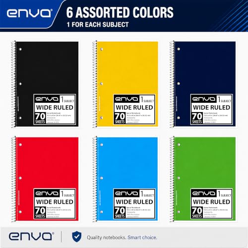 ENVO Spiral Notebook, 1 Subject, Spiral Notebook Wide Ruled, Spiral Notebook 8 x 10.5, Notebooks Bulk, School Supplies, Office Supplies, 70 Sheets, (48, Wide Ruled)