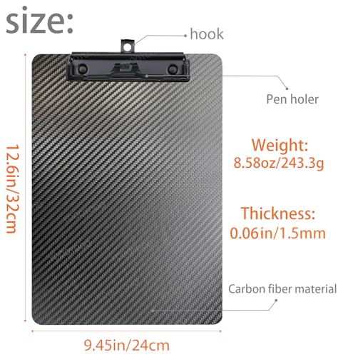 2Pack Low Profile Clip 3K Carbon Fiber Clipboard Ultimate Light and Thin Portable Cool Black Twill Smooth Hard Writing Board Hide Hook Paint Draw Letter 8.5 * 11