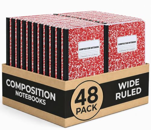 ZUBBLLE Composition Notebooks, Wide Ruled, Red Marble, 48-Pack