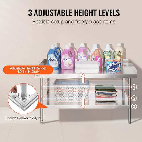 VEVOR Stainless Steel Work Table, 30 x 48 x 26 Inch Commercial Food Prep Worktable, 3-Sided Backsplash Heavy Duty Prep Worktable, Metal Work Table with Adjustable Height for Restaurant Home Hotel