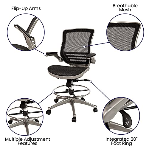 EMMA + OLIVER Graphite Gray Mid-Back Drafting Chair with Flip-Up Arms