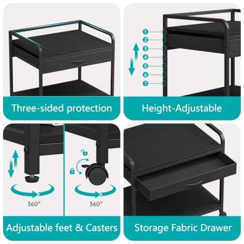 Riodalare Under Desk Printer Stand with Wheels - 25"x19" Large Printer Cart with Storage Drawer, 2-Tier Height Adjustable Printer Desk Cart, Heavy Duty Printers Riser for Home Office (Black)