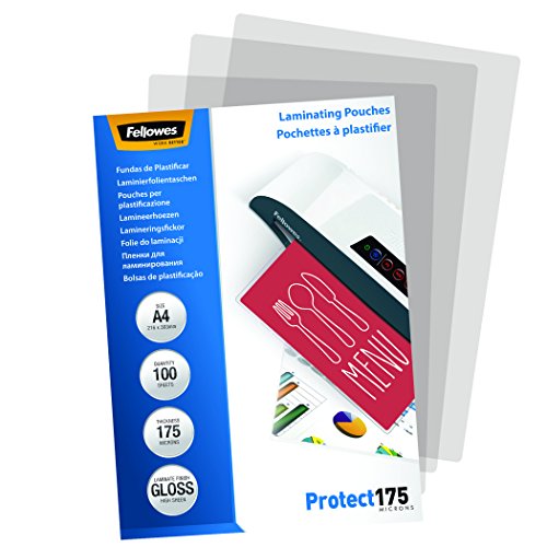 Fellowes A4 Laminating Pouches - Gloss Finish - 100 Sheets, 350 Micron (2 x 175 Micron) Finish - Ideal for Photos, Notices, Creatives, Certificates & Menus