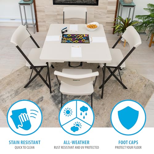 LIFETIME Folding Table and Chair Set, 37-Inch Square Fold-in-Half Table with 4 Chairs, Almond, Steel Frame