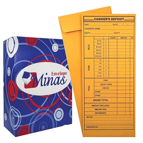500 Minas Envelope Cashier Deposit Report Envelopes, 4 1/8" x 9 1/2", Sturdy 24lb. Kraft Paper, Cash Drop Envelope with Gum Flap for Hotels, Small Businesses, Retailers, Restaurants