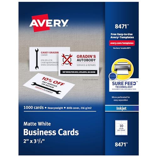 Avery Printable Business Cards with Sure Feed Technology, 2" x 3.5", White, 1,000 Blank Business Cards, Inkjet Printer Paper (8471)