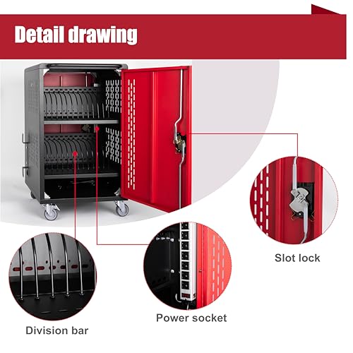 32-Bay Mobile Charging Cart for Laptops & Tablets up to 15.6", Locking Doors & Casters, Ventilated Design, Built-in Power Strip, School/Office Use, Easy Assembly (Black, Red)
