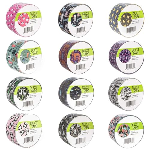 Simply Genius 12-Pack Decorative Duct Tape Rolls - 1.88 in x 10 yd - Assorted Colors & Patterns Checkered & Animal Prints - Heavy Duty Waterproof Duct Tape Strong Adhesive for Repair & Crafts