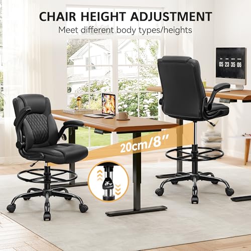 Drafting Chair, Tall Office Chair for Standing Desk, High Executive Leather Ergonomic Computer Chair with Adjustable Height and Flip-Up Armrest for Counter Height Desk, Black, Pack of 1