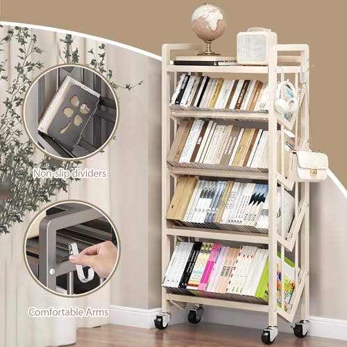 Multi-Layer Rolling Book Cart, Movable Bookshelf, L-Shaped Carbon Steel Mobile Book Carts with Wheels for Library, Office, Living Room, Bedroom, Classroom