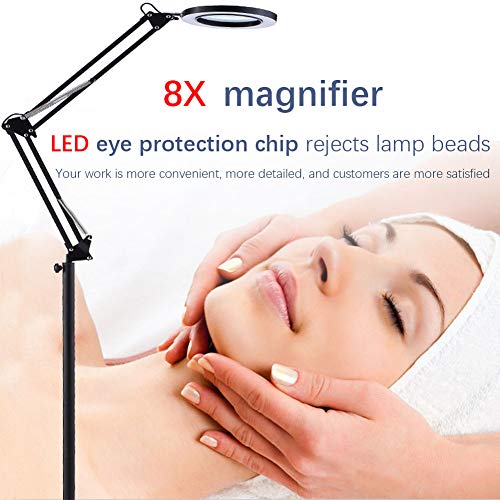 8X LED Magnifier Clip Floor Standing Lamp,360°Swivel Base Adjustable Arm Stable Basereading Magnifying Glass- for Beauty, Salon, Tattoo, Nail, Dental, Reading and Skincare