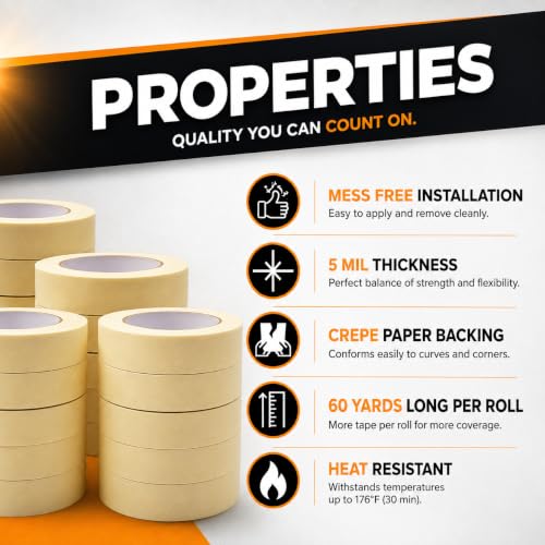 WOD MT5 Utility Grade Masking Tape, 1/4 inch x 60 yds. (Pack of 144) for Home or Office air-Dry Painting, Labeling, & Packing. Leaves no Residue