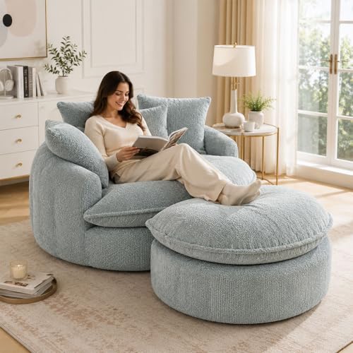 HOYOC Plush Ottoman Foot Rest, Upholstered Pouf Foot Stool with Soft Polyester Fabric, No Assembly Footrest Pedal for Couch, Sofa, Living Room, Bedroom & Office,Blue Gray