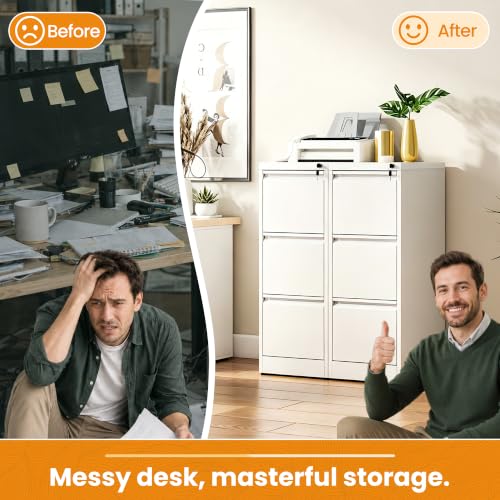 3 Drawer File Cabinet with Lock, Metal Vertical File Cabinets for Home Office, Office Furniture for Organization Hanging Legal/Letter/A4, Office File Cabinet Storage Cabinet, Require Assembly, White