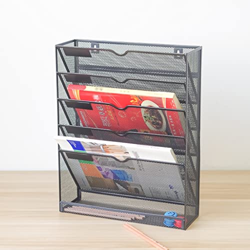 GRFIT File Holder Mesh Hanging Wall File Organizer Holder, 5-Tier Wall Mount Vertical File Rack with Bottom Flat Tray for Home Office School File Organizer Rack