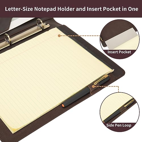 Geslun Leather 3 Ring Binder Padfolio for 8.5 x 11" Notepad, with Pen Loop