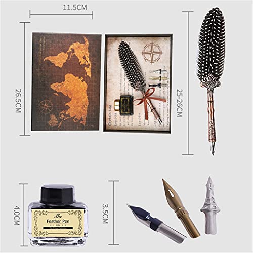 YMGSCC Retro Classical Feather Dip Pen Fountain Ink Bottle with 3 Nibs Stationery Gift Box for School Birthday Calligraphy(D)