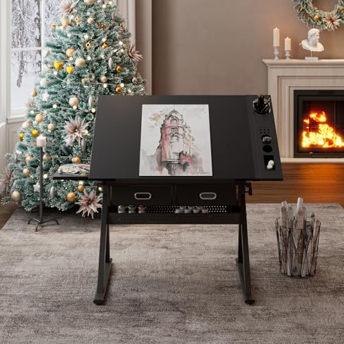 Beuiosda Adjustable Drafting Table with Storage Drawers, Tilting Drawing Desk Art Desk with Stool, Multifunctional Art Craft Workstation for Home Office School (Black)