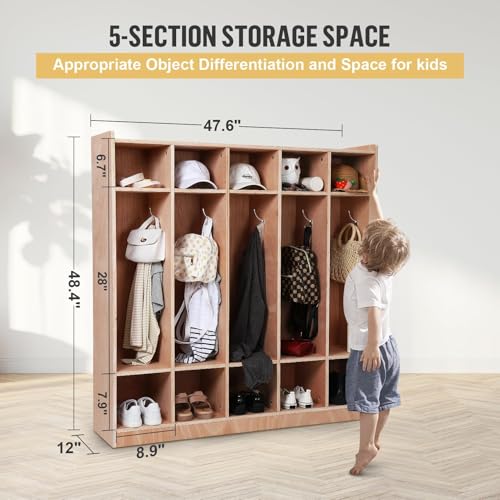 5-Section Classroom Coat Locker, 10 Cubbies for Classrooms with Anti-tip Kit, Daycare Cubby with 4 Casters, 5 Hooks & 2 Storage Boxes, Wooden Storage Cabinet for Home, School, Kindergarten
