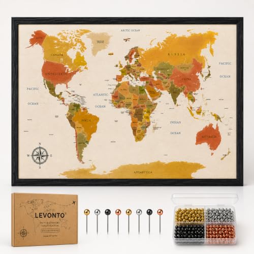 LEVONTO World Map Pin Board Large 30"x20" Framed Colored Cork Travel Map with 200 Push Pins, World Map Wall Decor for Travelers, Places Visited Tracker, Travel Gift for Couples & Families