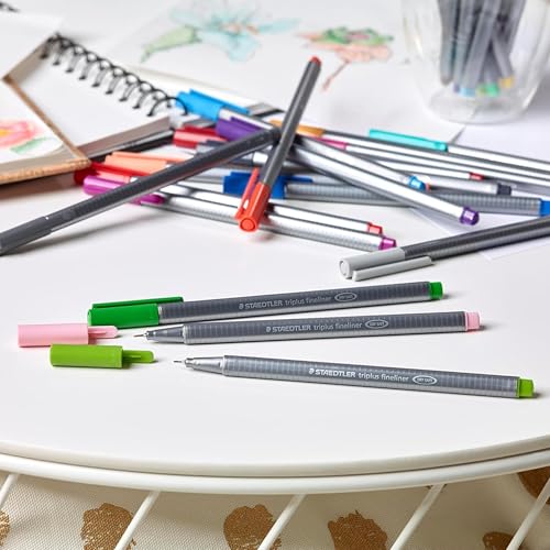 STAEDTLER triplus Fineliner 60pc Felt-Tip Pen Set: 0.3mm Assorted Colors, Water-Base Ink, Ergonomic Triangular Shape - For Detailed Coloring, Writing, Journaling & Drawing in Classroom, Home, Office