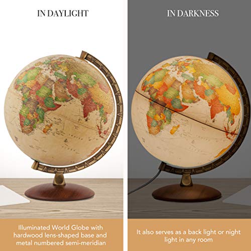 Waypoint Geographic Light Up Globe - Como 12” Desk Decorative Illuminated Antique Ocean Style with Stand, Up to Date World Globe