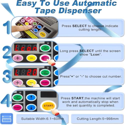 Electric Adjustable Tape Cutting Machine, Auto Manual Dual Mode Tape Dispenser, 5-999mm Length 6-60mm Width, Fits Adhesive Tape, Foil & Protective Film for Factory and Office Packing
