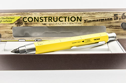 TROIKA ZIMMERMANN 5,6 – PEN56/YE – Carpenter's pencil – clutch pencil (5.6 mm HB lead) – centimetre/inch ruler – 1:20 m/1:50 m scale – brass – laquered – yellow – TROIKA-original