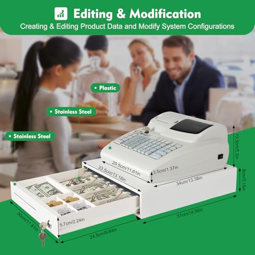 47 Keys Electronic Cash Register, Commercial Pos System Cash Management System Electronic Cash-registers with 4 Bill Slots & 5 Coin Slots for Small Businesses Retailers Supermarkets