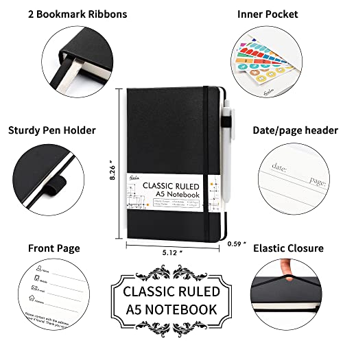 24 Pack Journal Notebook for Work, Feela Business Notebook Bulk Hardcover Lined Writing Journal with Pen Holder for Men Women Note Taking, with 24 Black Pens, 120 GSM, 5.1”x8.3”, A5, Black