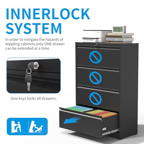EKJ 4 Drawer Lateral File Cabinet with Lock, Heavy Duty Wide Steel Filing Cabinet for Home Office, 36" W Horizontal Storage Cabinet for Letter/Legal/A4/F4 Hanging Files, Easy Assembly (Black)