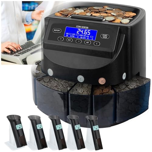 60W USD Coin Counter Machine, Coin Sorters for 1￠ 5￠ 10￠ 25￠ $1, with 5 Coin Bins & 5 Tubes, Tray Capacity: 300-500 Pieces& Coin Receiving Box Capacity: 80~150 Pieces, Holds 2000 Coins, for Cashier