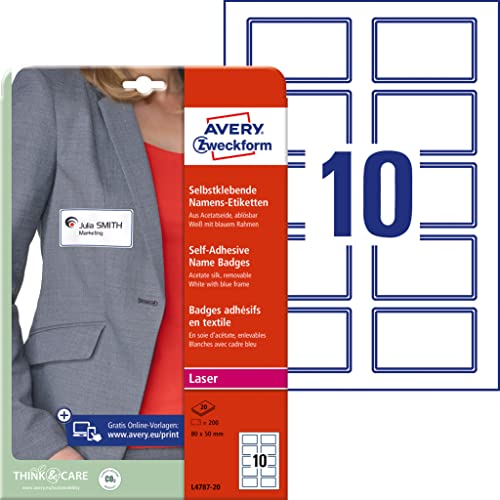 Avery Zweckform L4787-20 Self-Adhesive Name Badges 20 Sheets / 200 Labels / 80 x 50 mm White/Blue