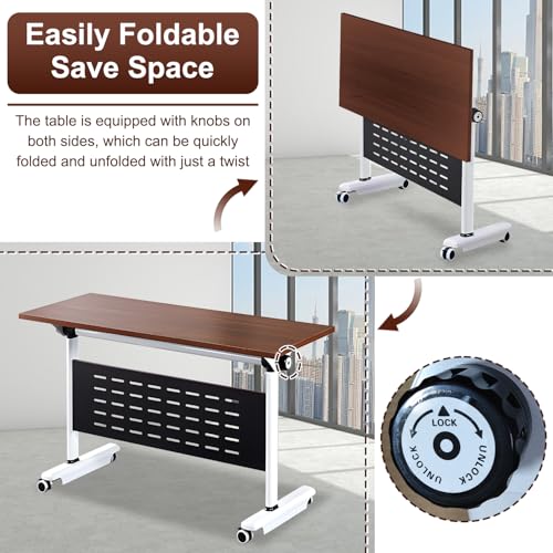 MOFGOE Large Conference Room Table, Folding Training Table with Wheels, Mobile Seminar Desk, for Office Classroom Meeting, Modular Spliced ​​& Combined, Brown,1pack,55x24x30 Inch