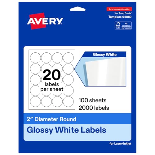Avery Glossy White Round Labels, 2" Diameter, Laser/Inkjet Printer Compatible, 2000 Printable Labels Total, Great for Branding, Packaging, and More