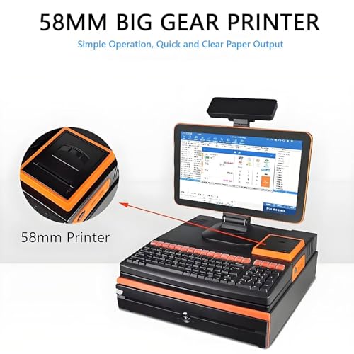 15.6 inch Touch Cash Register Terminal Customer-Facing Screen for Retail,POS Terminal with Handheld Scanner and 5 Paper Rolls, Cash Drawer, Keyboard Cash Register, for Restaurant Orange-SingleScreen