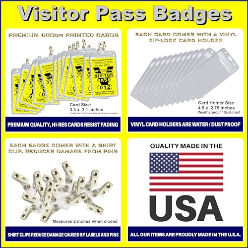 Visitor Pass Badges - PVC Plastic (Custom Printed with Your Company Name & Number) Available in 12, 36, 60 and 108 Piece Sets - Made in The U.S.A. Yellow