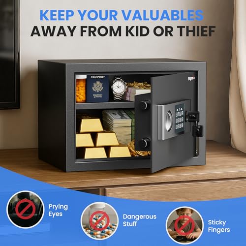 Paporia 0.6 Cubic Feet Safe Box with Digital Keypad Lock & Keys, Home Safe Money Box for Cash, Documents, Medicine & Jewelry, Security Digital Safe in Home, Hotel or Business