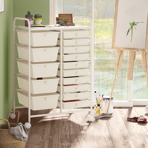 MEDIMALL 15 Drawers Rolling Storage Cart, Multipurpose Craft Storage Cart with Wheels, Mobile Tools Scrapbook Paper Organizer Cart for School Home Office Use (White)