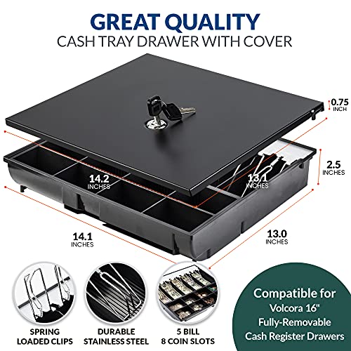 Volcora Cash Drawer Tray with Locking Cover - 14.1 x 13 x 2.5 Inch Metal Cash Lock Box with Lid - 5 Bill / 8 Coin Cash Tray Money Organizer - 16" Cash Registers with Fully Removable Tray