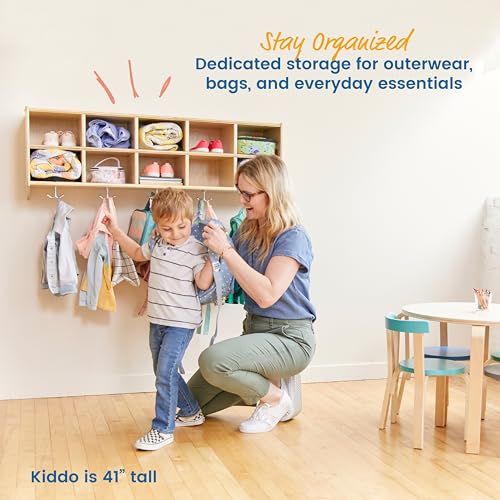 ECR4Kids Streamline 10-Section Wall-Mounted Hanging Cubby Coat Locker, Classroom Furniture, Natural